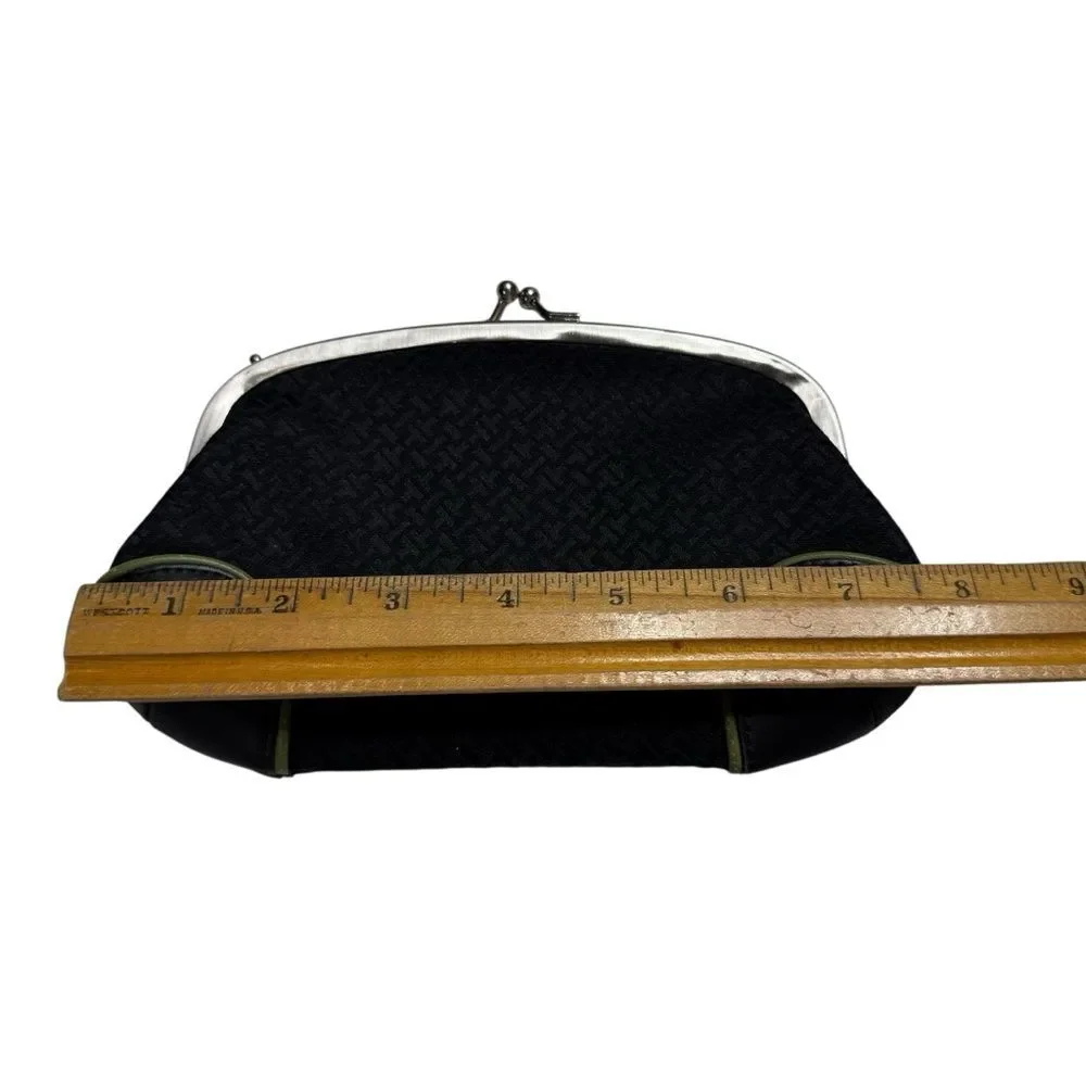 Talbots Leather & Fabric Kiss Lock Mini Clutch Black Green Piping